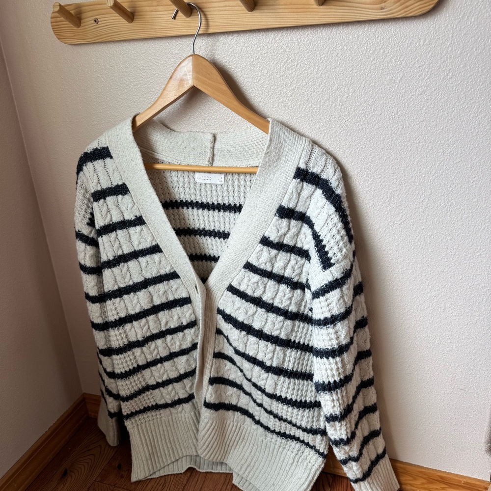 LC Lauren Conrad Cream and Black Striped V-Neck Button Cardigan